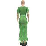 Women's casual sexy slit knitted tassel two-piece beach cover-up skirt set