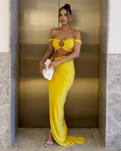 Sexy tube top pleated slit skirt O-ring two piece set