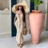 Casual sexy hollow out solid color V-neck knitted sleeveless beach dress