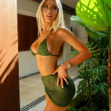 Sexy solid color mesh three piece cover-up bikini swimsuit