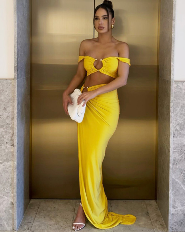 Sexy tube top pleated slit skirt O-ring two piece set
