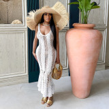Casual sexy hollow out solid color V-neck knitted sleeveless beach dress