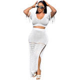 Women's casual sexy slit knitted tassel two-piece beach cover-up skirt set