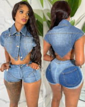 Sexy fashionable cropped sleeveless irregular top stretch denim shorts two piece set