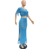 Women's casual sexy slit knitted tassel two-piece beach cover-up skirt set