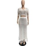 Women's casual sexy slit knitted tassel two-piece beach cover-up skirt set