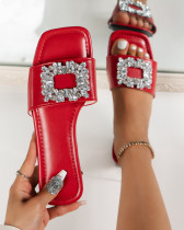 Summer slippers square toe rhinestone flat beach sandals