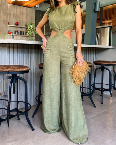 Summer solid color round neck ruffled loose jumpsuit