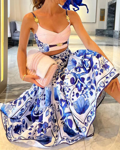 Summer printed sling top maxi skirt two-piece set