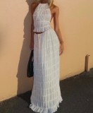 Backless halter top chiffon pleated long skirt set