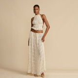 Backless halter top chiffon pleated long skirt set