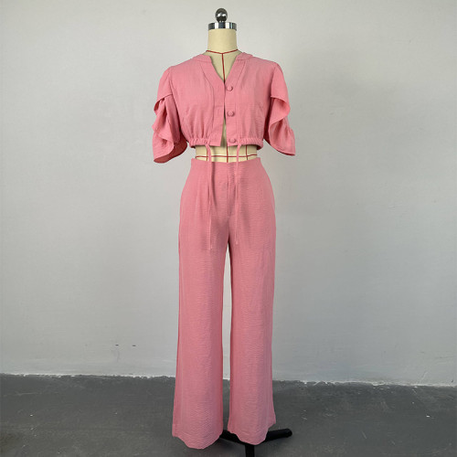 Summer fashionable V-neck bell-sleeved crop top wide-leg trousers casual set