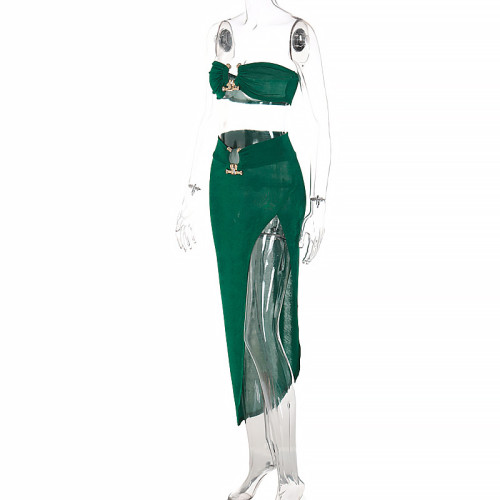 Strapless cropped top sexy slit  skirt two-piece set