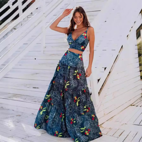 Blue printed sexy deep V-neck split two-piece A-line skirt set for women