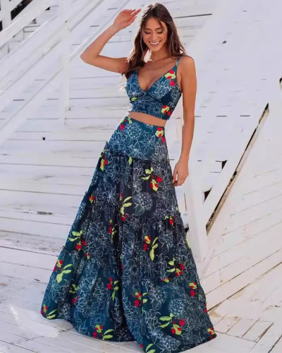 Blue printed sexy deep V-neck split two-piece A-line skirt set for women