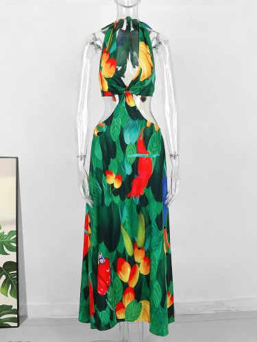 Sexy halter-neck high-waisted long deep V-neck sleeveless strappy hollow women's bohemian dress