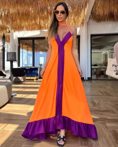 Orange halter neck sexy women's color block backless resort style A-line dress