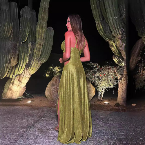 Summer solid color hollow out high slit long maxi women's sexy dress