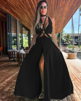 Solid color high slit backless sleeveless resort summer long A-line dress