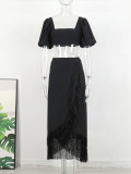 Solid color elegant two-piece irregular fringed skirt set
