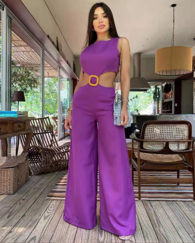Solid Color Sleeveless Waist Elegant Women's Long Jumpsuit