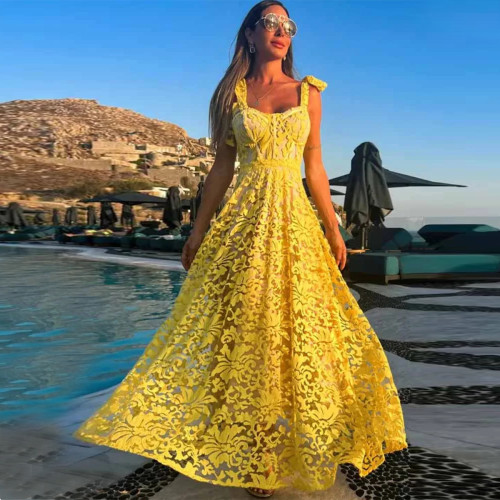 Solid yellow elegant strappy high-waisted A-line long dress for women
