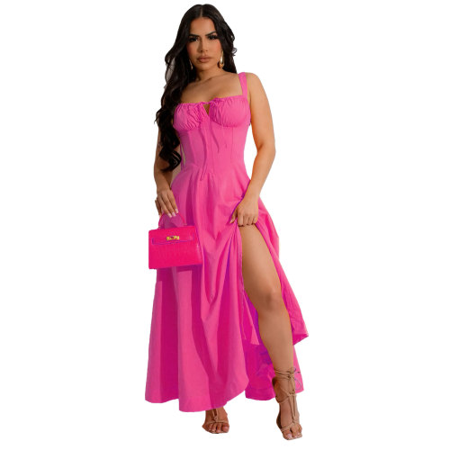 Summer solid color straps slit long holiday dress