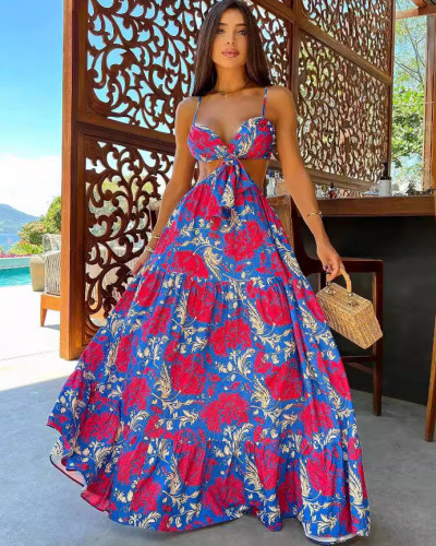 Summer holiday printed sexy waistless low-cut women's sleeveless long dress