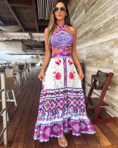 Summer purple printed sexy waistless halterneck women's holiday long dress