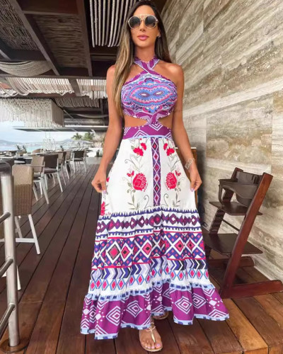 Summer purple printed sexy waistless halterneck women's holiday long dress