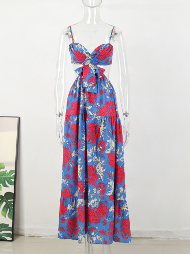 Summer holiday printed sexy waistless low-cut women's sleeveless long dress