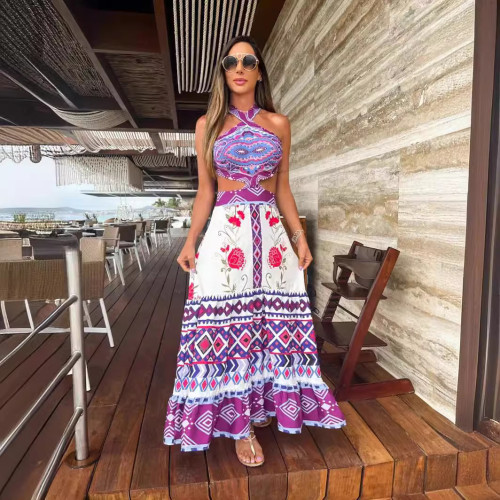 Summer purple printed sexy waistless halterneck women's holiday long dress