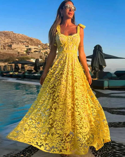 Solid yellow elegant strappy high-waisted A-line long dress for women