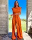 Solid color sleeveless round neck pleated split two piece short top wide leg pants women's suit