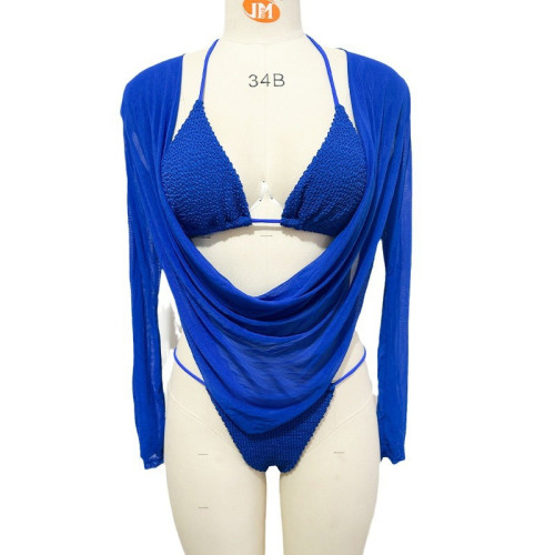 Solid Color Bikini Three Piece Sexy Long Sleeve Mesh Swimsuit