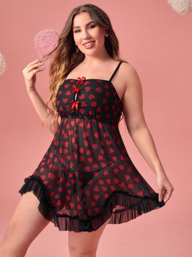 Plus size heart mesh lace temptation sexy babydoll lingerie set