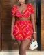 Printed sexy V-neck crop top short skirt fashionable two-piece set