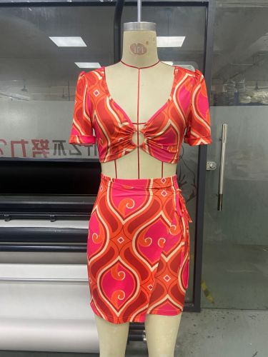 Printed sexy V-neck crop top short skirt fashionable two-piece set
