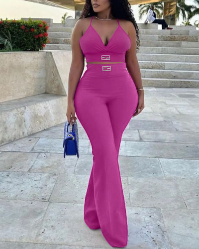 Summer fashionable solid color sleeveless vest high waist pants casual two piece set