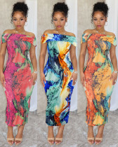 Fashionable stretchy off-shoulder print bodycon dress