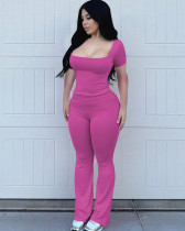 Summer casual U-neck short-sleeved ribbed pants two-piece set