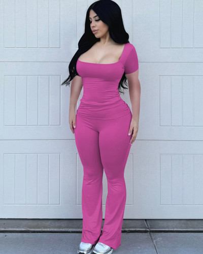 Summer casual U-neck short-sleeved ribbed pants two-piece set