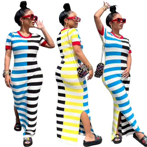 Fashionable casual round neck short-sleeved slit striped shirt dress