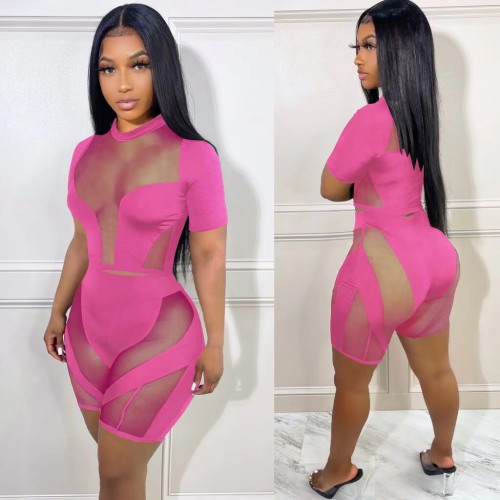 Short-sleeved mesh sexy see-through two-piece shorts set for women