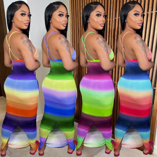 Fashionable casual sexy rainbow gradient print slit sling bodycon dress