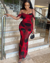 Sexy fashion printed straps red long party dress
