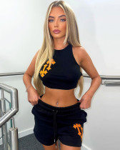 Street style embroidered crop top shorts women's set