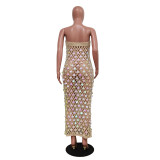 Summer boho beach knitted off-shoulder sequined cutout beach dress