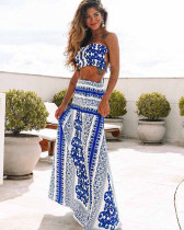 Summer blue printed sexy waistless strapless two-piece women's boho beach long skirt set