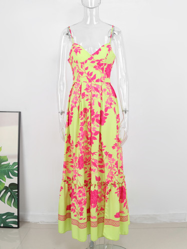 Yellow printed sexy high slit low-cut resort style women's long holiday dress
